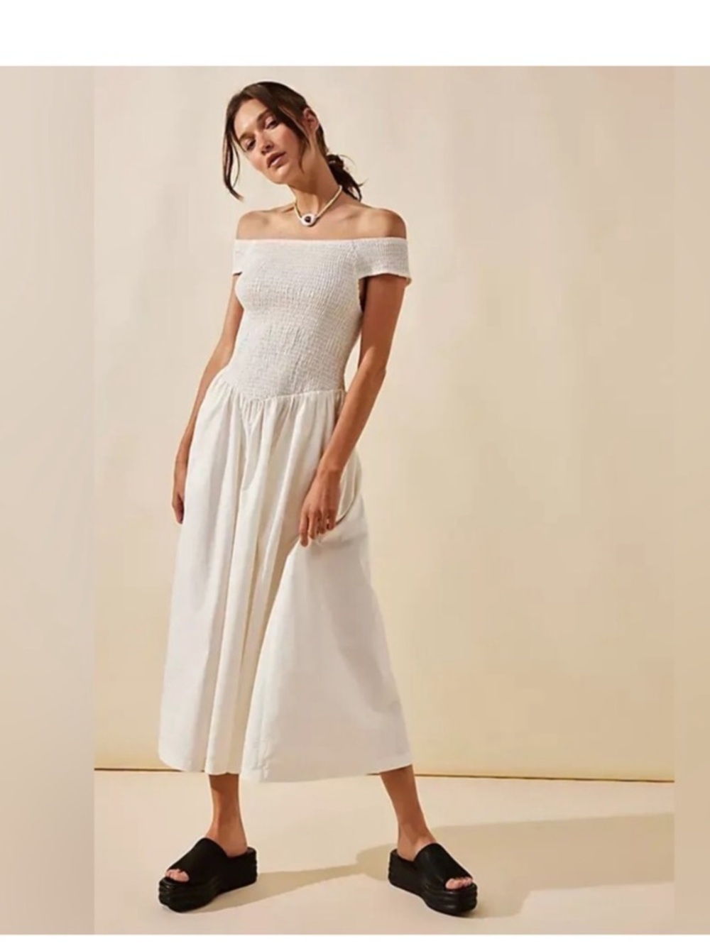 Free People Cecil smocked midi dress crisp cotton romantic boho off shoulder NWT